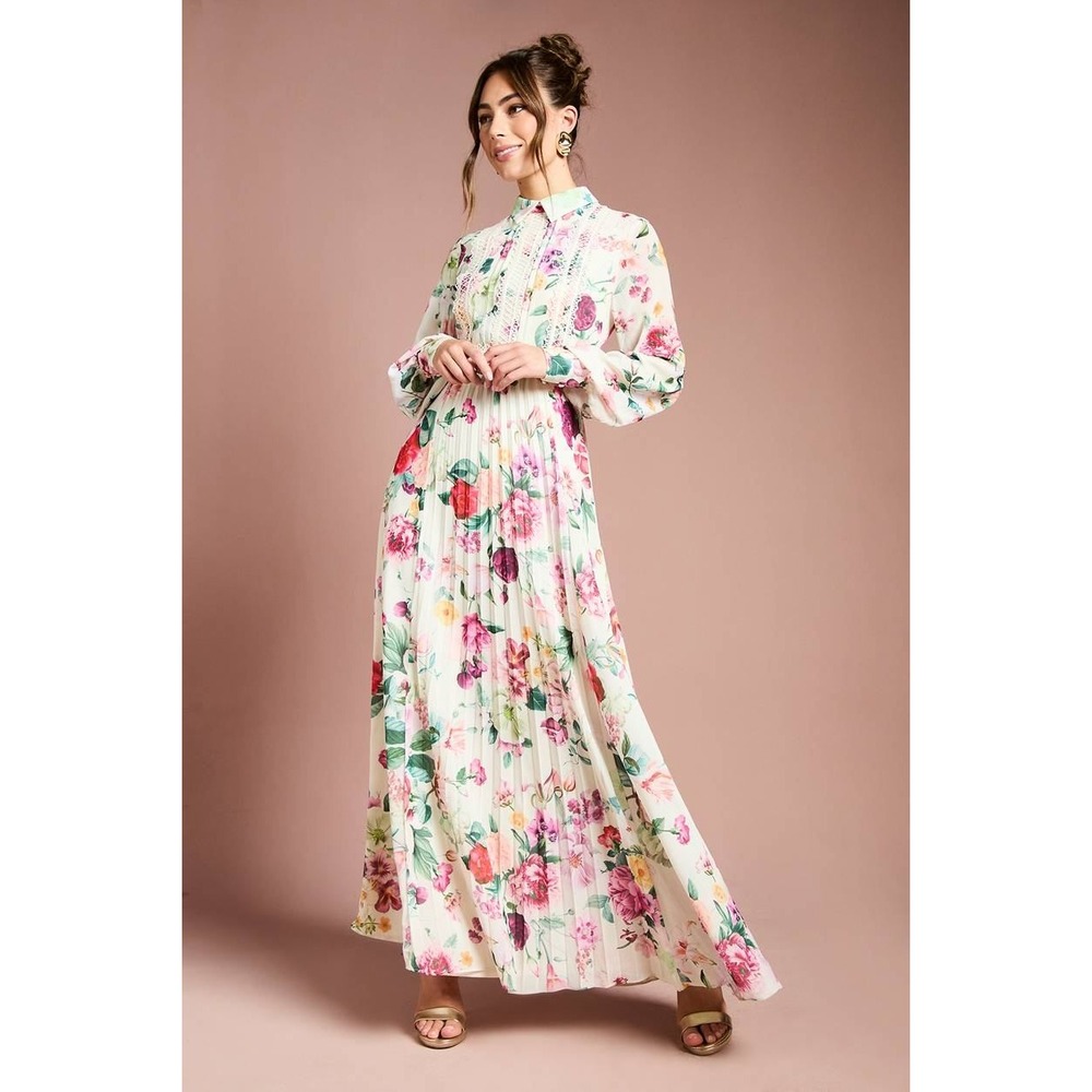 Coast Pleated Lace Trim Midi Dress Floral Long Sleeve US 10 Wedding Guest NWT
